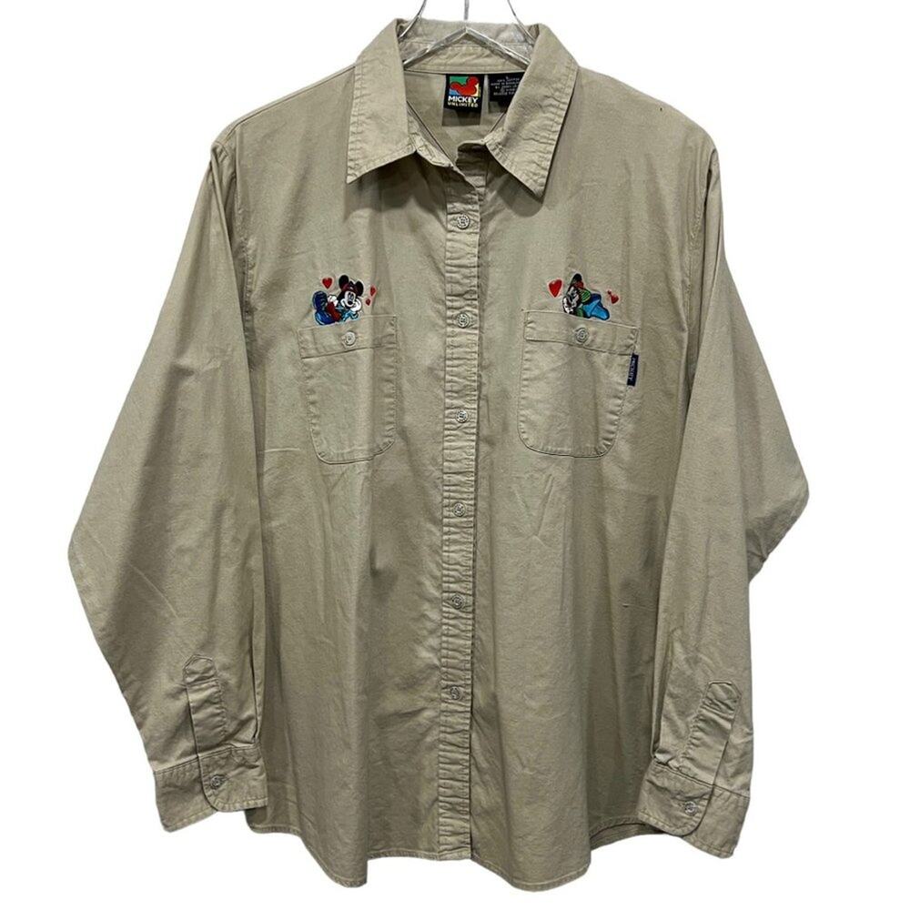 Disney Mickey Mouse Unlimited Button Down Shirt‎ Embroidered Tan Beige Cotton L